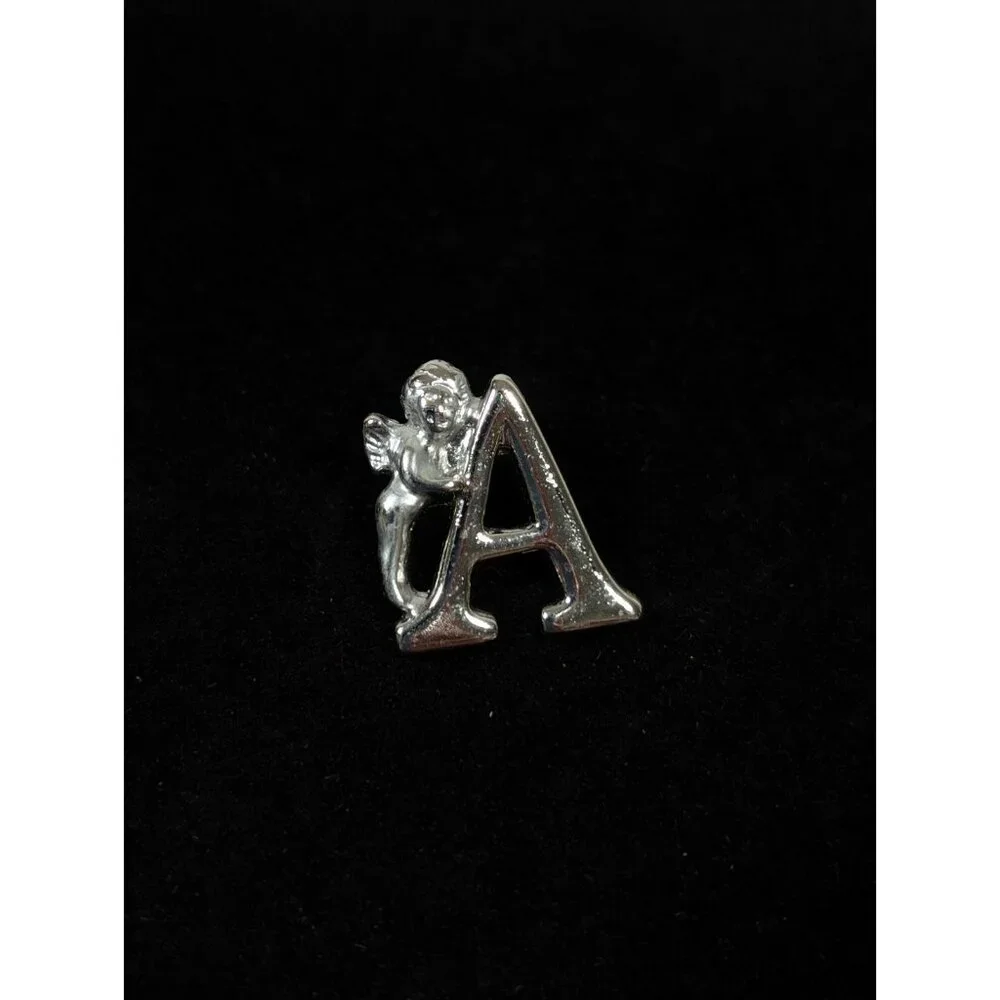 Vintage Silver Tone Initial Letter A‎ Angel Cherub Small Pin Brooch